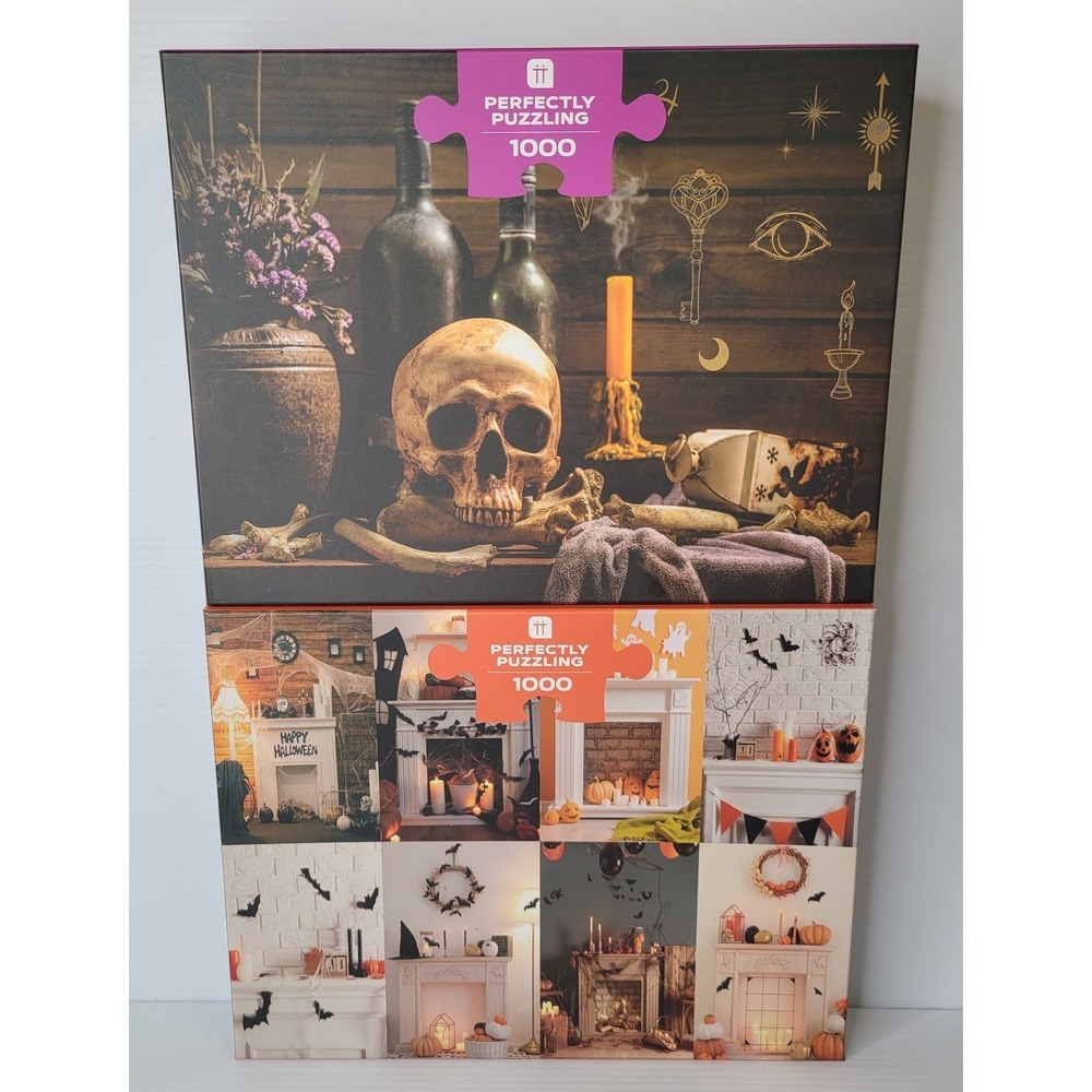 2 Perfectly Puzzling Halloween 1000 Piece Puzzle w Poster Mystical Fireplace NEW